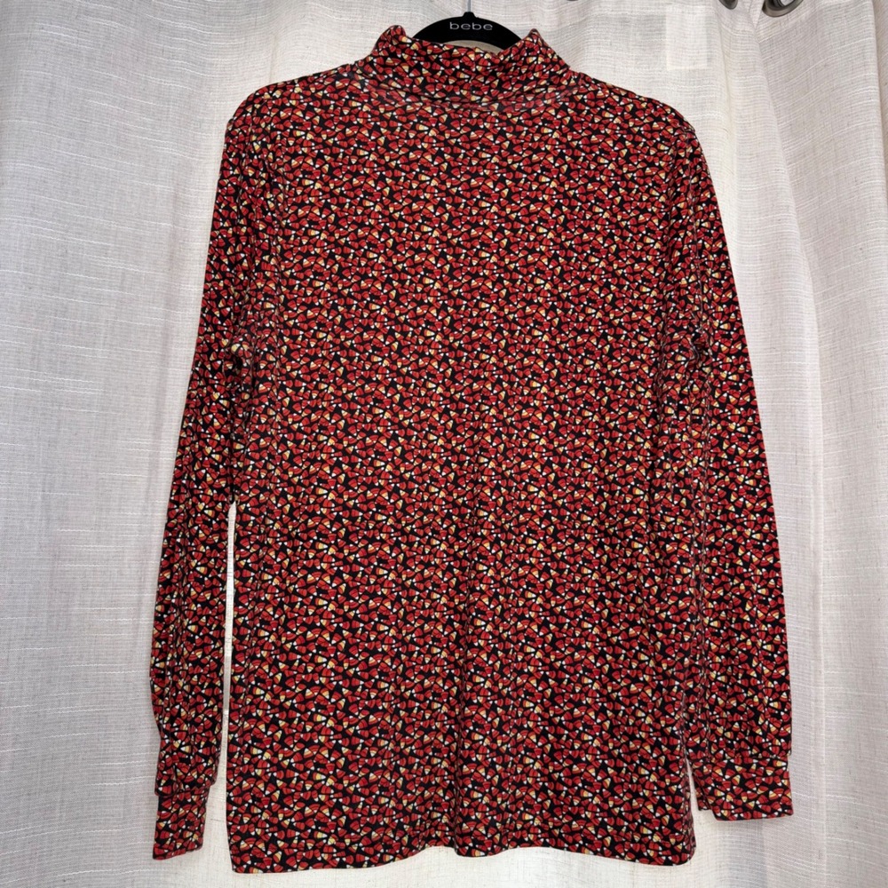 Vintage Halloween Corner Stone Candy Corn Turtleneck Top Black Orange Medium